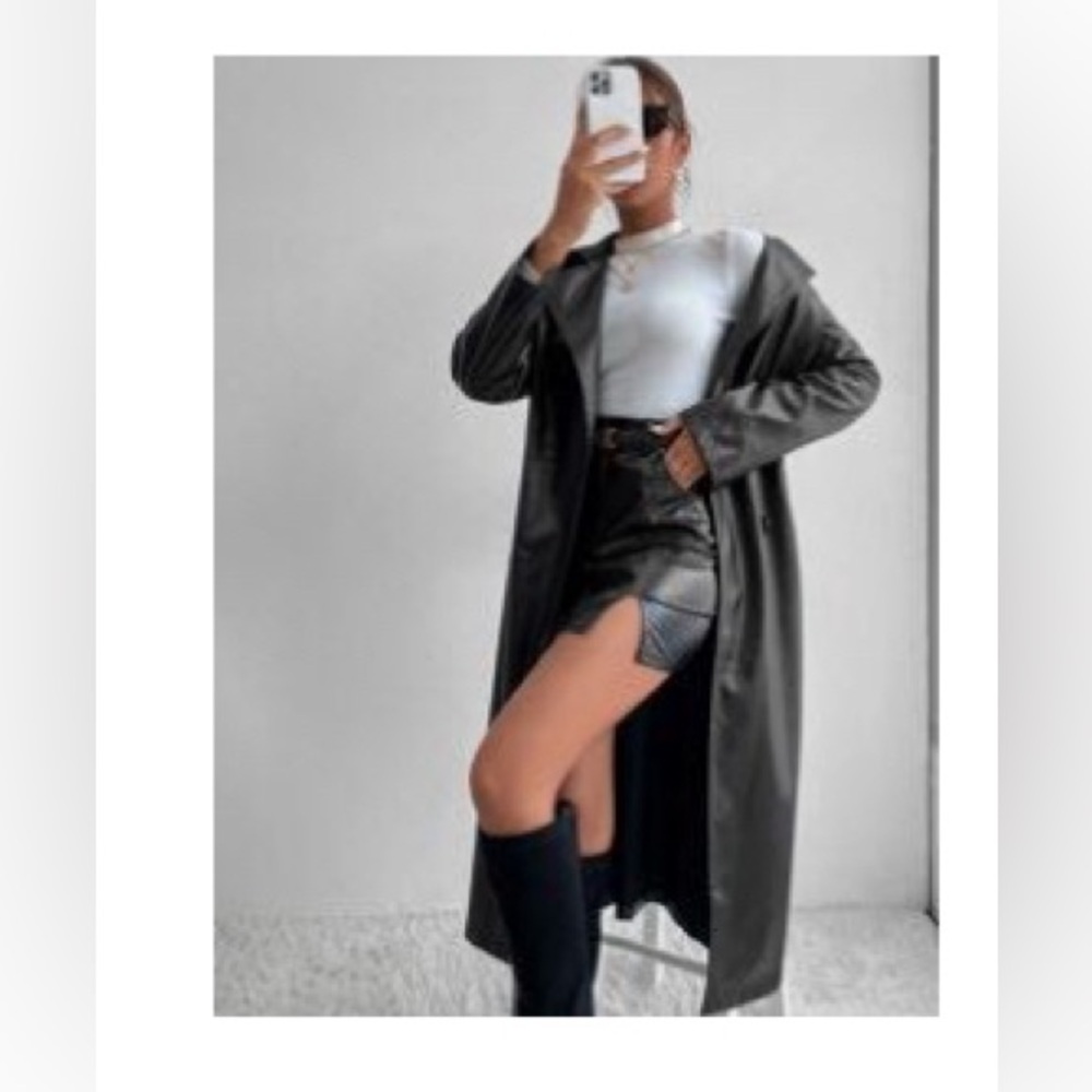 Shein Double Breasted Longline PU Leather Trench Coat (L)